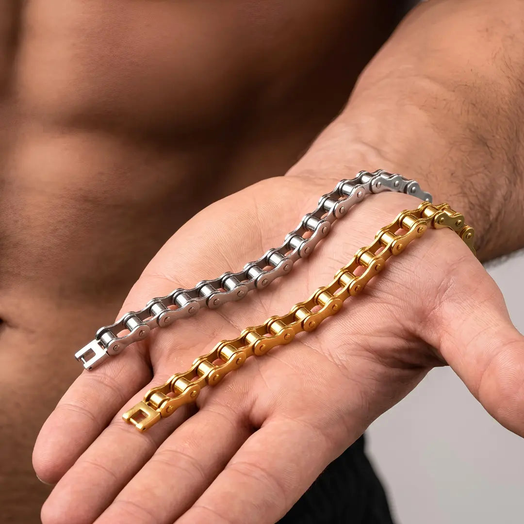 Bicycle Motorcycle Chain Bracelet – 21cm 12mm Industrial Roller Chain Link Bracelet in Gold & Silver for Men